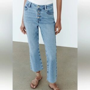 Zara Z1975 High Rise Straight Cropped Jeans Button Fly Raw Hem Light Wash 4/W26